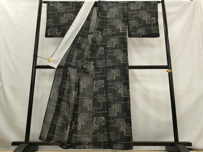 平和屋着物＊夏物　小紋　紗　有栖川文様　黒地　洗える着物　AABL1479st