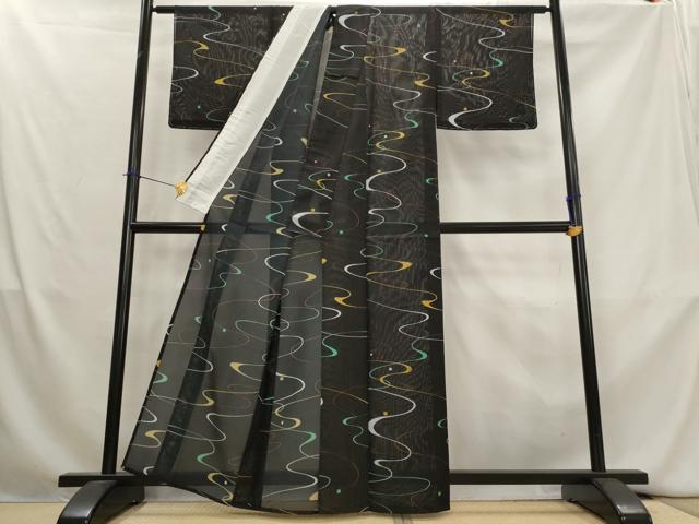 平和屋着物＊夏物　小紋　絽　流水文　黒地　洗える着物　未使用　AABL1481st