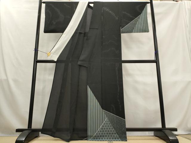 平和屋着物＊夏物　染色作家　斉藤三才　訪問着　縦絽　切嵌文様　黒地　正絹　逸品　AABL1503st