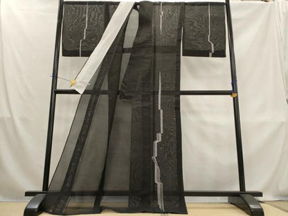 平和屋着物＊夏物　訪問着　総刺繍　紗紬　幾何学文様　黒地　さが美扱い　ロング丈　正絹　逸品　AABL1508st
