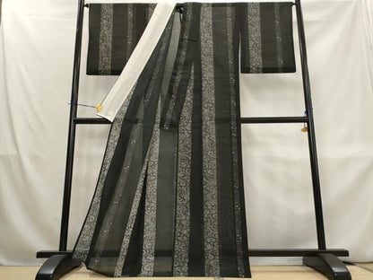 平和屋着物＊夏物　小紋　紗　流水間道　黒地　嘘つき襦袢　洗える着物　AABL1523st
