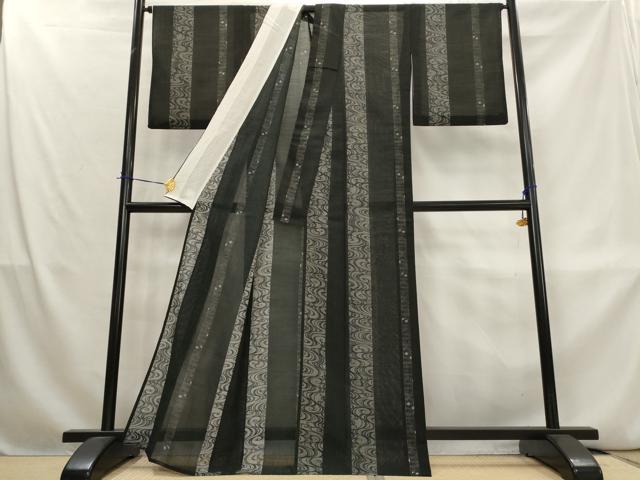 平和屋着物＊夏物　小紋　紗　流水間道　黒地　嘘つき襦袢　洗える着物　AABL1523st
