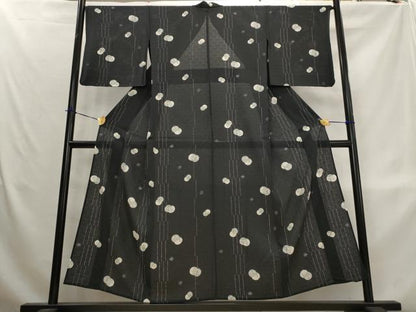 平和屋着物＊夏物　小紋　市松紋絽　花丸文　黒地　正絹　逸品　AABL1527st