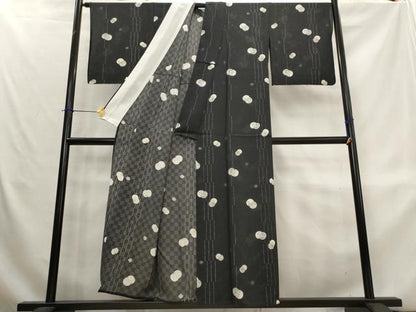 平和屋着物＊夏物　小紋　市松紋絽　花丸文　黒地　正絹　逸品　AABL1527st