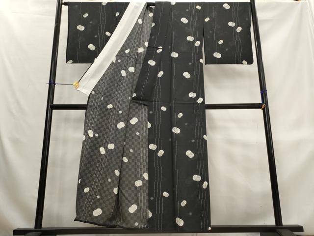 平和屋着物＊夏物　小紋　市松紋絽　花丸文　黒地　正絹　逸品　AABL1527st