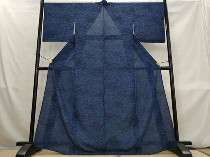 平和屋着物＊夏物　小紋　絽　藍　型染め　草花文　正絹　逸品　未使用　AABL1529st