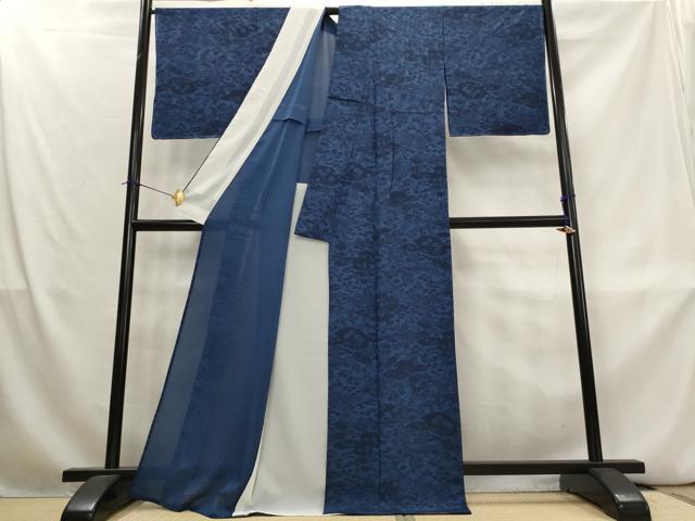 平和屋着物＊夏物　小紋　絽　藍　型染め　草花文　正絹　逸品　未使用　AABL1529st