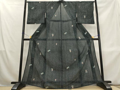 平和屋着物＊夏物　小紋　絽　舞花文　黒地　洗える着物　AABL1557st