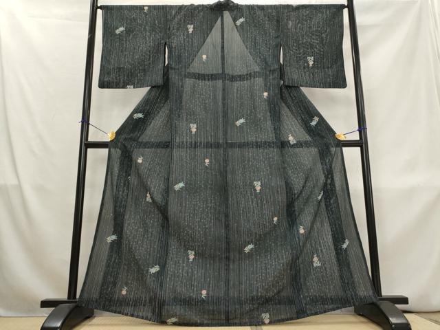平和屋着物＊夏物　小紋　絽　舞花文　黒地　洗える着物　AABL1557st
