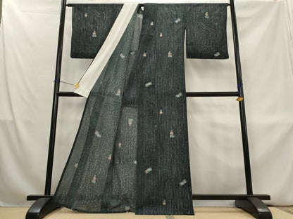 平和屋着物＊夏物　小紋　絽　舞花文　黒地　洗える着物　AABL1557st