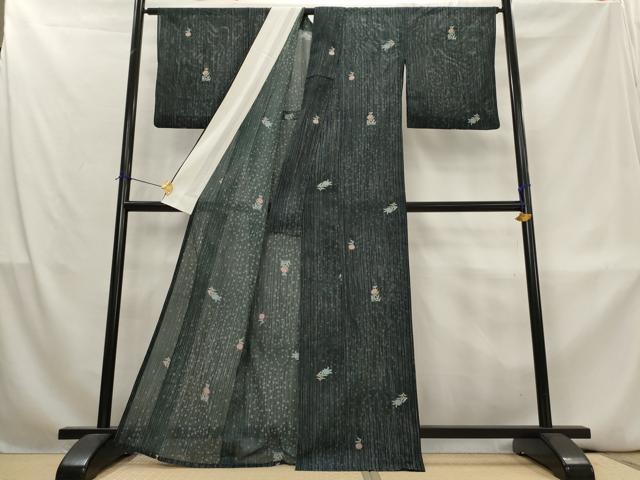平和屋着物＊夏物　小紋　絽　舞花文　黒地　洗える着物　AABL1557st
