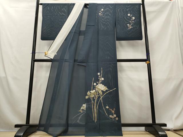 平和屋着物＊夏物　訪問着　絽　刺繍　流水花文　金彩　正絹　逸品　AABL1594st