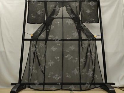 平和屋着物＊夏物　小紋　紗　花菱文　黒地　洗える着物　AABL1598st