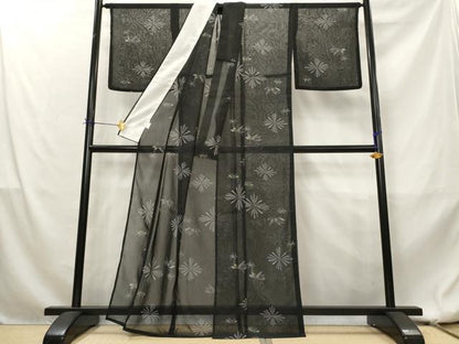 平和屋着物＊夏物　小紋　紗　花菱文　黒地　洗える着物　AABL1598st