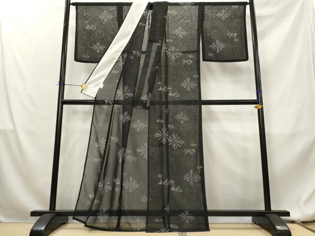 平和屋着物＊夏物　小紋　紗　花菱文　黒地　洗える着物　AABL1598st