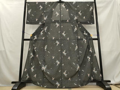 平和屋着物＊夏物　小紋　絽　枝梅文　黒地　洗える着物　未使用　AABL1613st