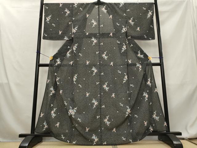 平和屋着物＊夏物　小紋　絽　枝梅文　黒地　洗える着物　未使用　AABL1613st