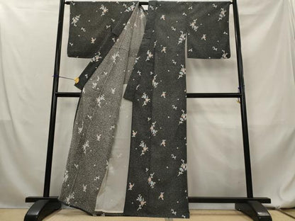 平和屋着物＊夏物　小紋　絽　枝梅文　黒地　洗える着物　未使用　AABL1613st