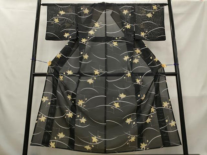 平和屋着物＊夏物　小紋　絽　芝花文　黒地　洗える着物　AABL1623st