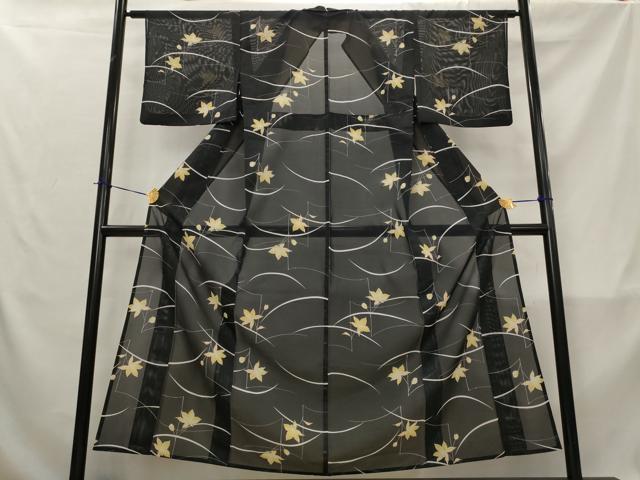 平和屋着物＊夏物　小紋　絽　芝花文　黒地　洗える着物　AABL1623st