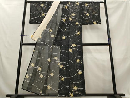 平和屋着物＊夏物　小紋　絽　芝花文　黒地　洗える着物　AABL1623st