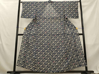 平和屋着物＊夏物　小紋　絽　型染め　草花文　正絹　逸品　AABL1628st