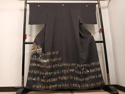 平和屋着物●豪華色留袖　総刺繍　人物風景文　正絹　逸品　AABL1642ph