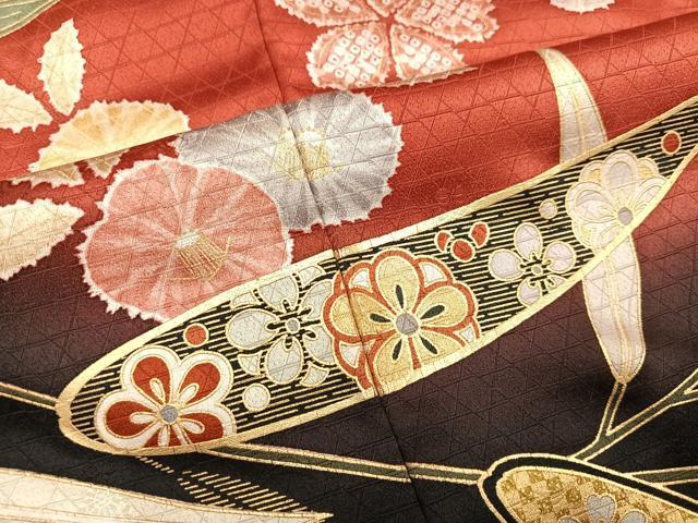 平和屋着物●豪華振袖　駒刺繍　草花文　暈し染め　金銀彩　正絹　逸品　AABL1644ph