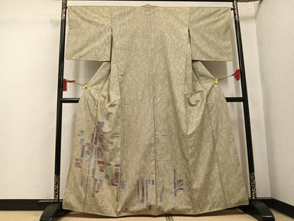 平和屋着物●訪問着　紬地　一珍染　幾何学文様　正絹　逸品　AABL1650ph