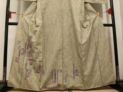 平和屋着物●訪問着　紬地　一珍染　幾何学文様　正絹　逸品　AABL1650ph