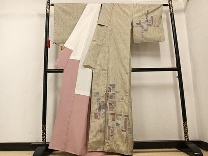 平和屋着物●訪問着　紬地　一珍染　幾何学文様　正絹　逸品　AABL1650ph