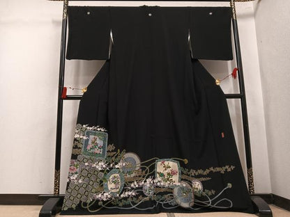 平和屋着物●豪華黒留袖　本加賀友禅　作家物　池田裕　花鳥文　正絹　逸品　AABL1669ph