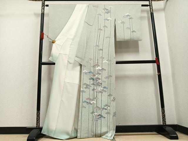 平和屋着物●訪問着　松　たたき染め　銀彩　正絹　逸品　AABL1674ph