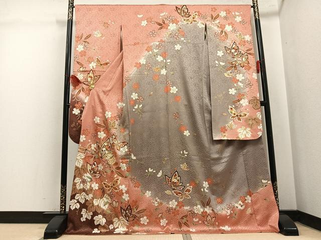 平和屋着物●豪華振袖　駒刺繍　花蝶文　暈し染め　金彩　正絹　逸品　AABL1678ph