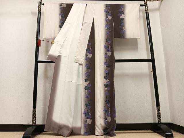 平和屋着物●上質な小紋　紬地　葡萄蔦の葉文　暈し染め　正絹　逸品　AABL1682ph