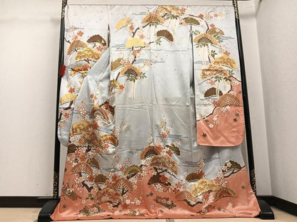 平和屋着物●豪華振袖　駒刺繍　草花文　暈し染め　金彩　正絹　逸品　AABL1698ph