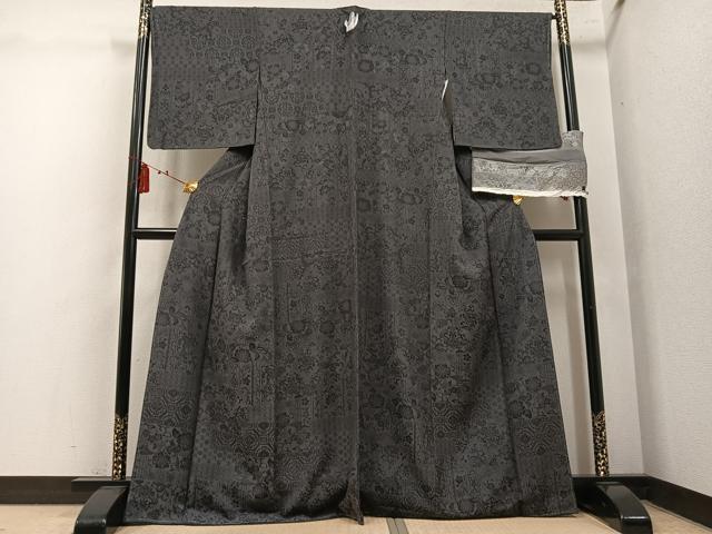 平和屋着物●お召　天目織　花鳥文　千歳茶色　反端付き　正絹　逸品　未使用　AABL1722ph