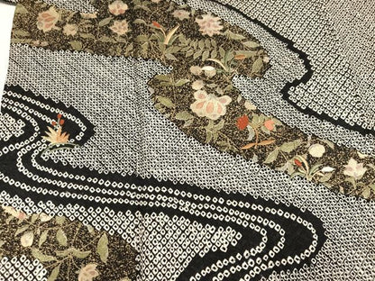 平和屋着物●訪問着　総絞り　刺繍　草花文　金銀彩　正絹　逸品　AABL1733ph