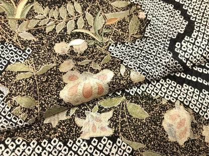 平和屋着物●訪問着　総絞り　刺繍　草花文　金銀彩　正絹　逸品　AABL1733ph