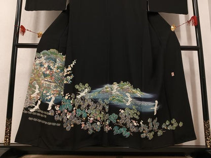 平和屋着物●豪華黒留袖　友禅　作家物　群鶴梅松風景文　暈し染め　正絹　逸品　AABL1740ph