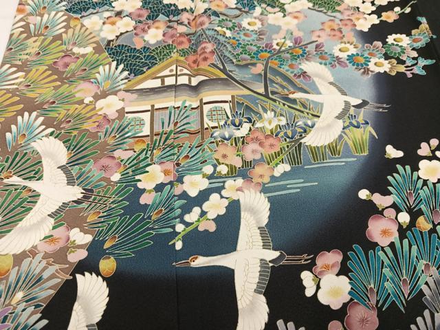 平和屋着物●豪華黒留袖　友禅　作家物　群鶴梅松風景文　暈し染め　正絹　逸品　AABL1740ph