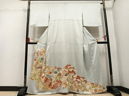 平和屋着物●豪華色留袖　駒刺繍　草花文　金彩　正絹　逸品　AABL1741ph