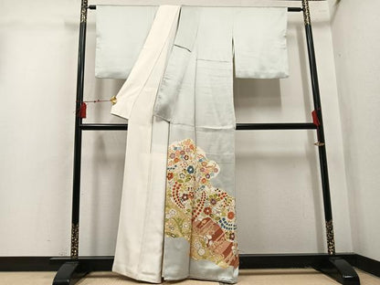 平和屋着物●豪華色留袖　駒刺繍　草花文　金彩　正絹　逸品　AABL1741ph