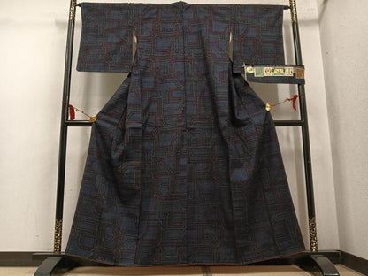 平和屋着物●本場結城紬　重要無形文化財　幾何学文様　証紙付き　正絹　逸品　AABL1750ph