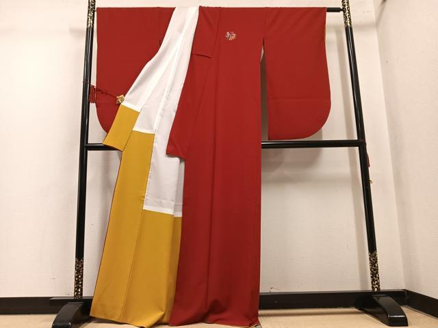平和屋着物●小振袖　二尺袖　色無地　紅海老茶色　洗える着物　AABL1753ph