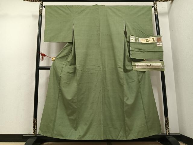 平和屋着物●本場草木染結城玉紬　色無地　鶸茶色　結織苑　証紙付き　正絹　逸品　AABL1761ph
