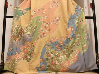 平和屋着物●訪問着　作家物　絞り　駒刺繍　草花文　金彩　正絹　逸品　未使用　AABL1766ph