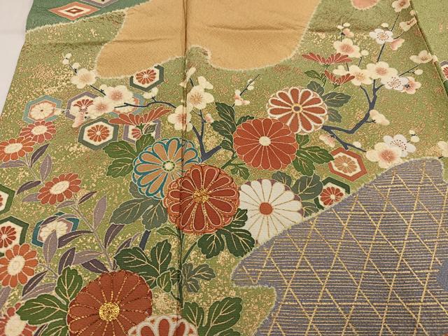 平和屋着物●訪問着　作家物　絞り　駒刺繍　草花文　金彩　正絹　逸品　未使用　AABL1766ph