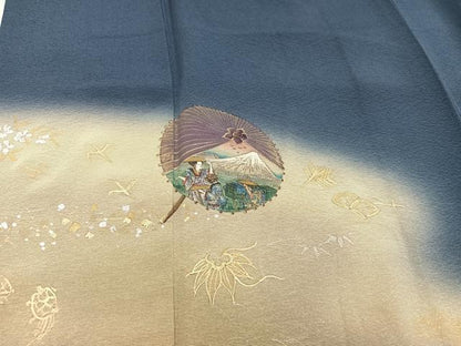 平和屋着物●訪問着　作家物　手描き　番傘人物草花文　暈し染め　金彩　正絹　逸品　AABL1768ph