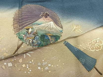 平和屋着物●訪問着　作家物　手描き　番傘人物草花文　暈し染め　金彩　正絹　逸品　AABL1768ph